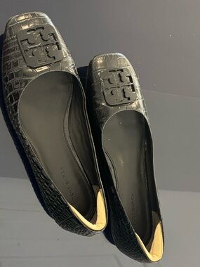 Tory Burch Black Croc-Embossed Logo Flats